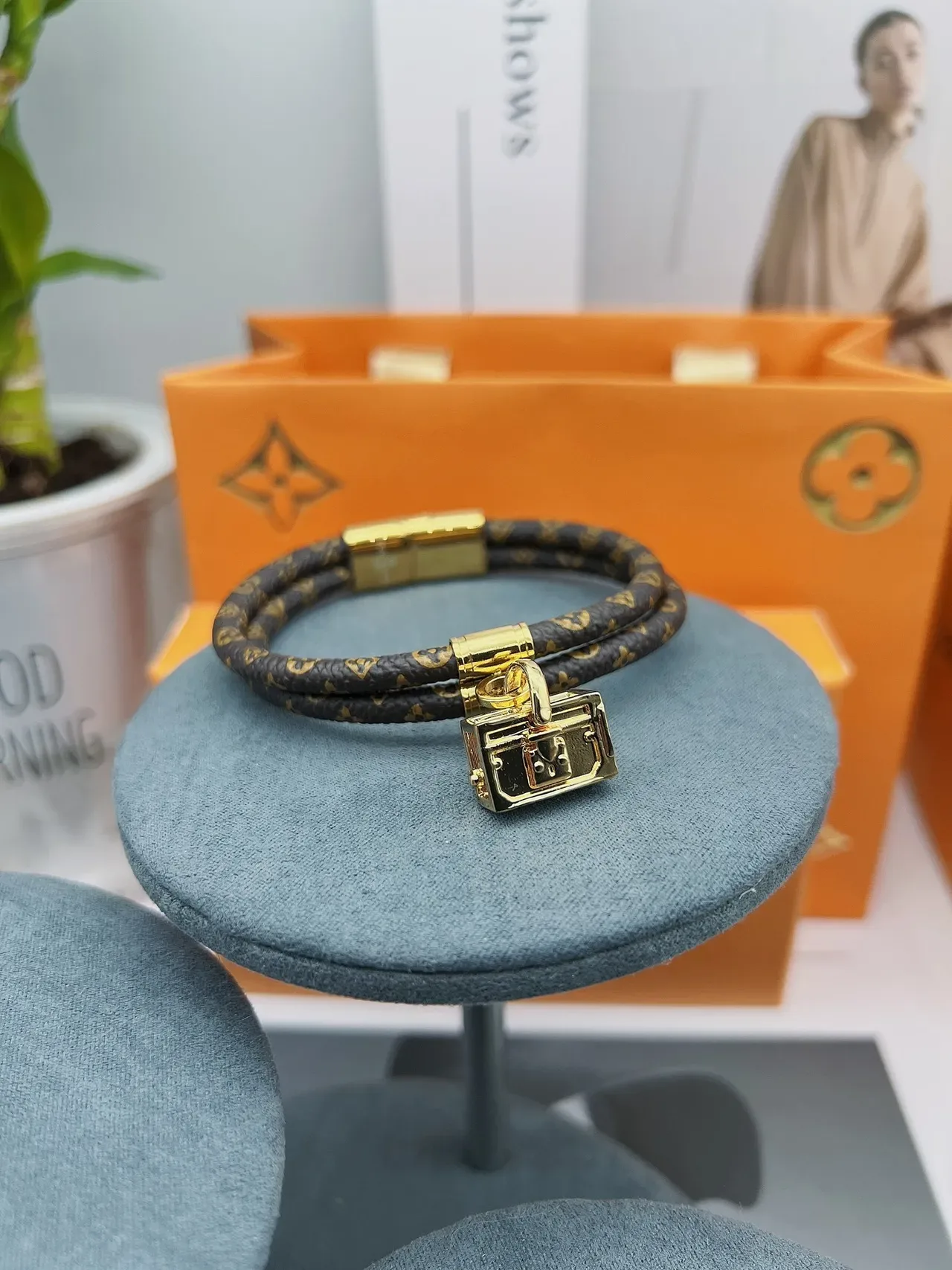 Louis Vuitton Petite Malle Brown Gold Braided Monogram Leather Hardware Bracelet 6
