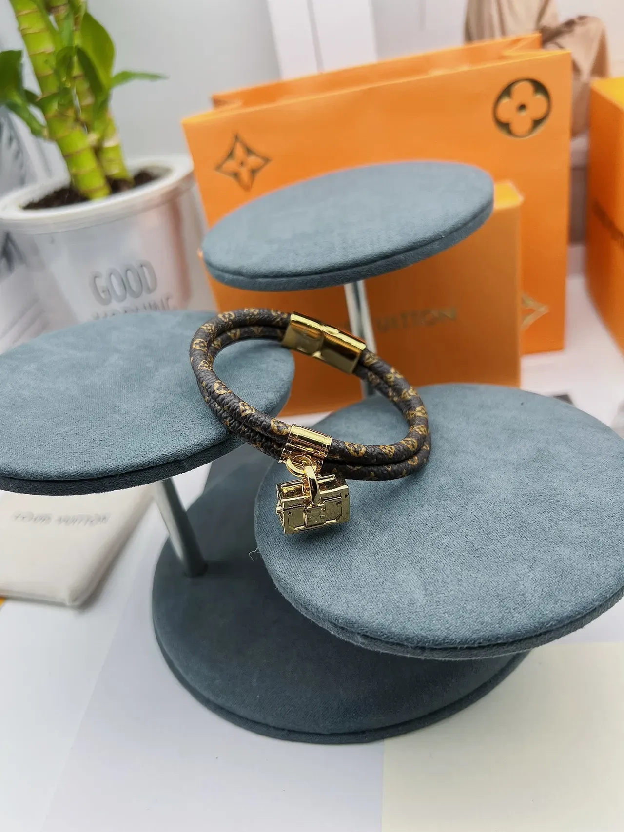 Louis Vuitton Petite Malle Brown Gold Braided Monogram Leather Hardware Bracelet 7
