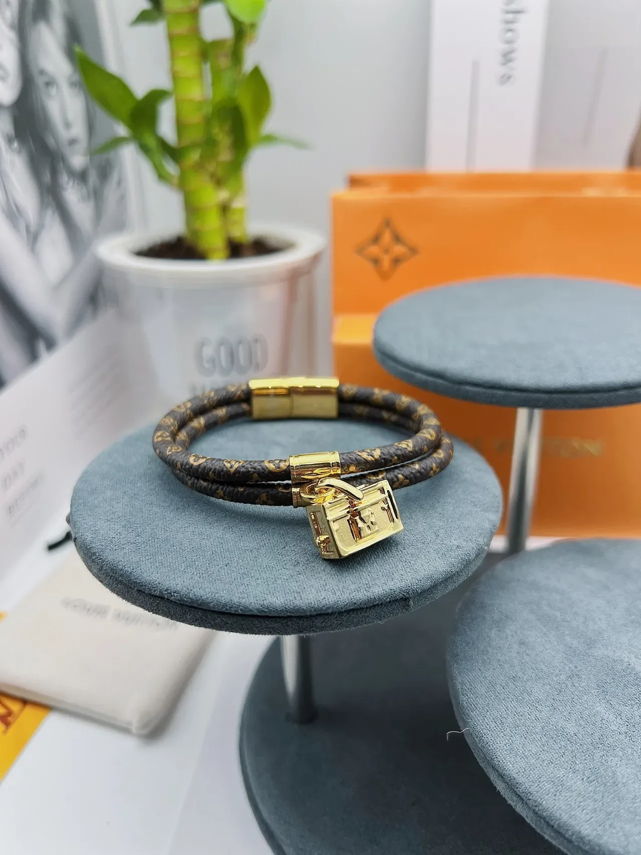 Louis Vuitton Petite Malle Brown Gold Braided Monogram Leather Hardware Bracelet 8