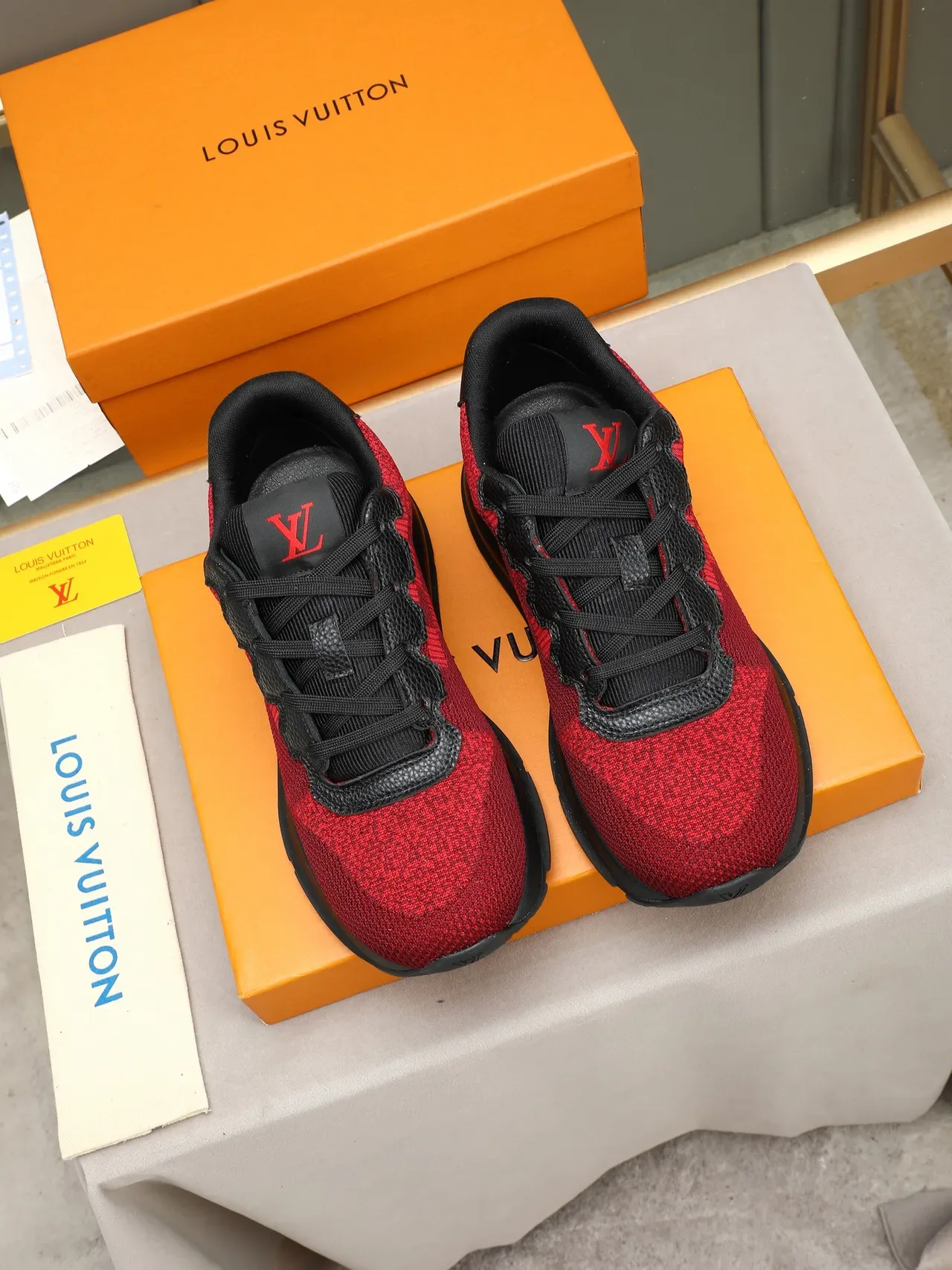 Louis Vuitton Red Black Knit Damier-Pattern Upper Leather Wave-Trimmed Collar Lifestyle Sneakers 2