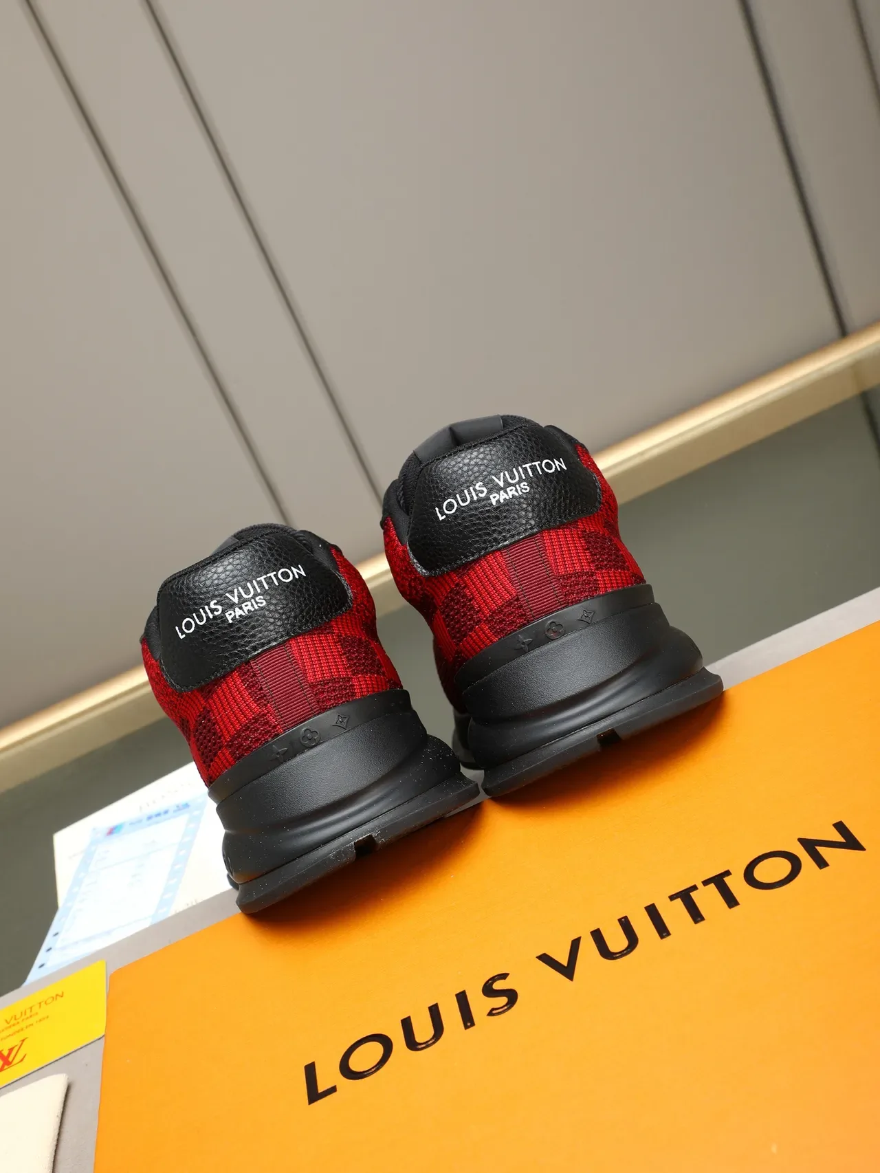 Louis Vuitton Red Black Knit Damier-Pattern Upper Leather Wave-Trimmed Collar Lifestyle Sneakers 3