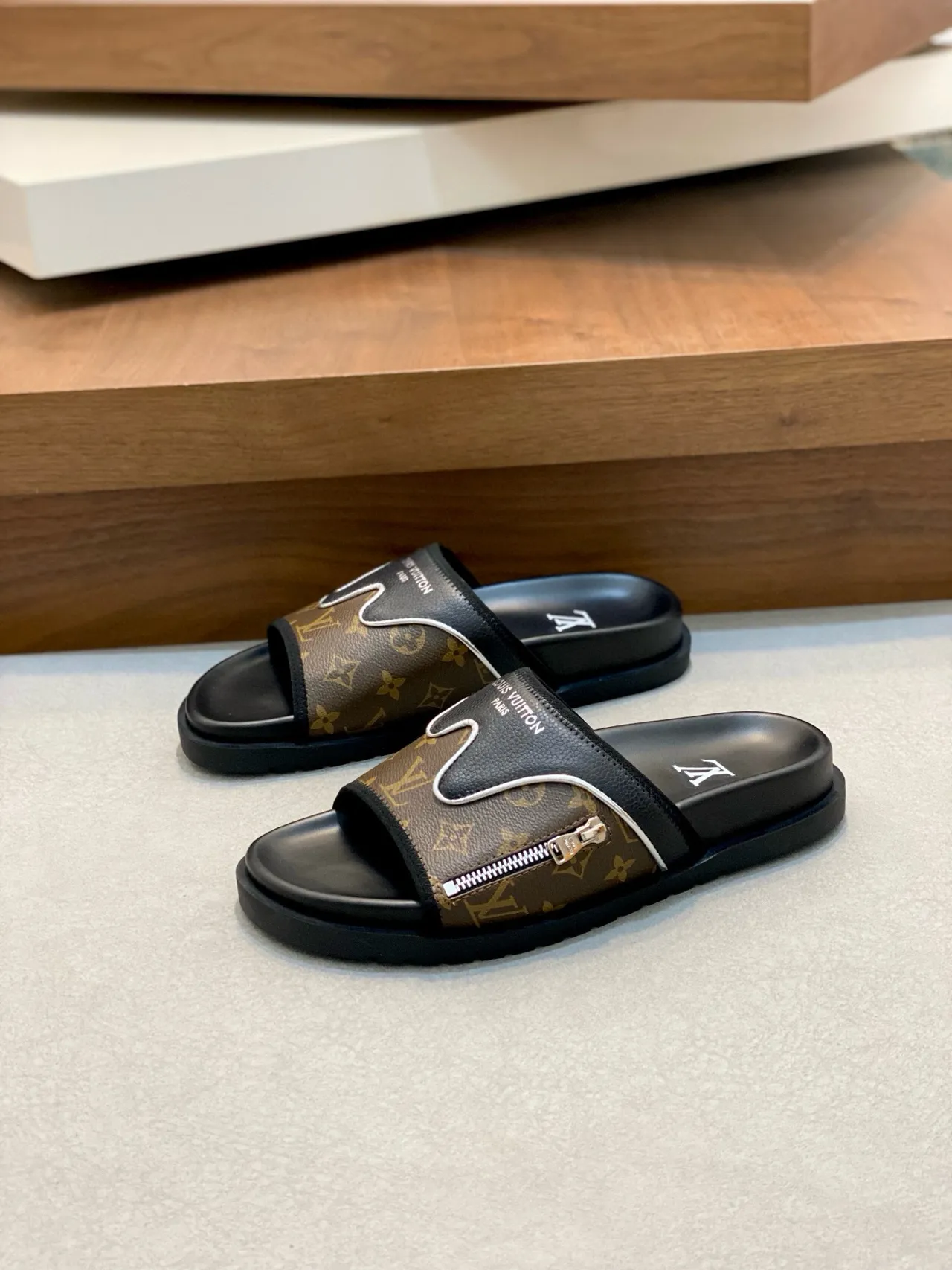 Louis Vuitton Run Away Monogram Canvas Black Brown Slippers 4