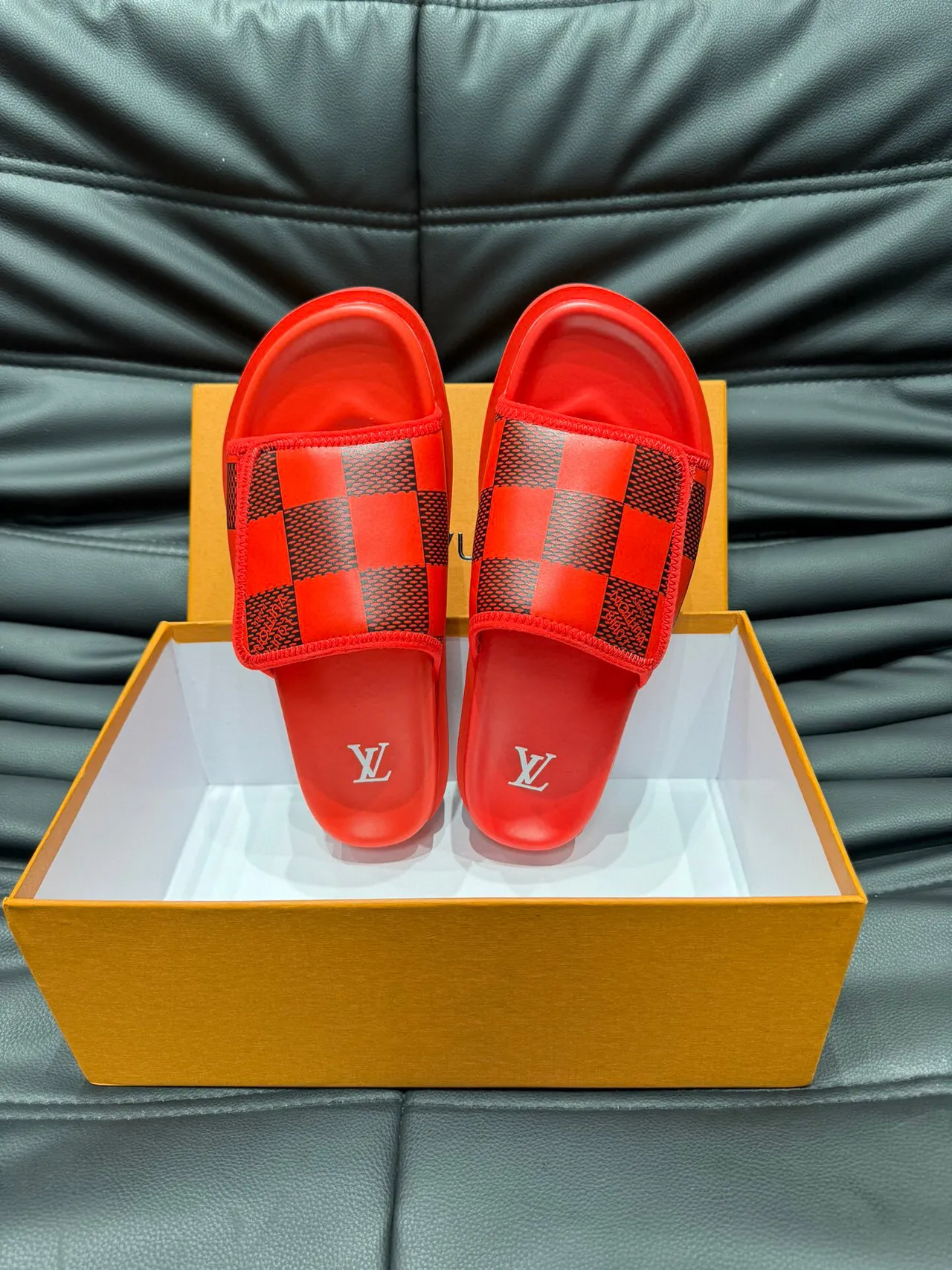 Louis Vuitton Run Away Red Damier Check Slippers 5