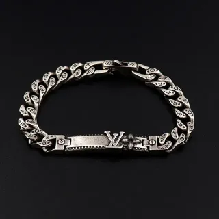 Louis Vuitton Silver Chunky Curb Chain Engraved Monogram Links Bracelet