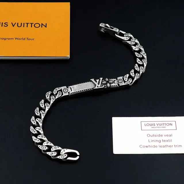 Louis Vuitton Silver Chunky Curb Chain Engraved Monogram Links Bracelet 2