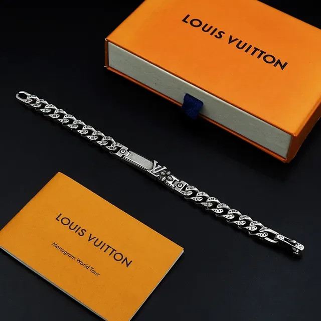 Louis Vuitton Silver Chunky Curb Chain Engraved Monogram Links Bracelet 4