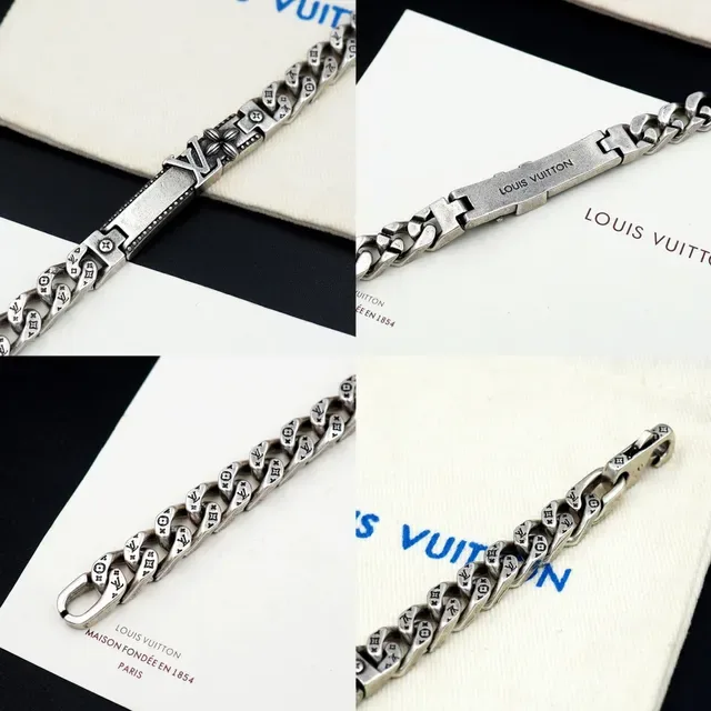 Louis Vuitton Silver Chunky Curb Chain Engraved Monogram Links Bracelet 8