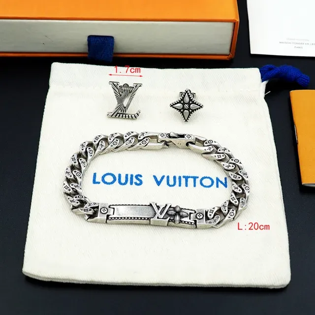 Louis Vuitton Silver Chunky Curb Chain Engraved Monogram Links Bracelet 9