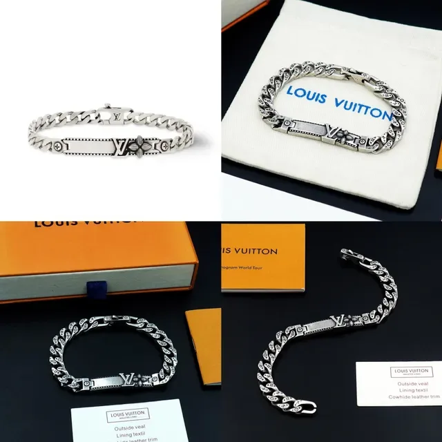 Louis Vuitton Silver Chunky Curb Chain Engraved Monogram Links Bracelet 10