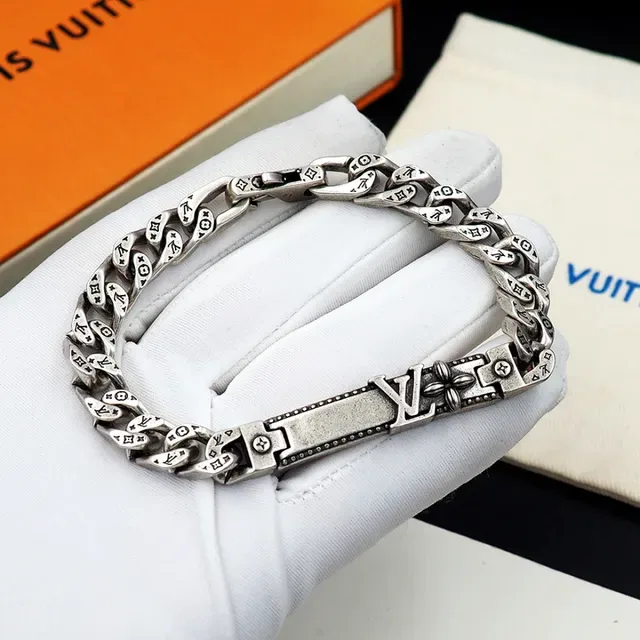Louis Vuitton Silver Chunky Curb Chain Engraved Monogram Links Bracelet 11