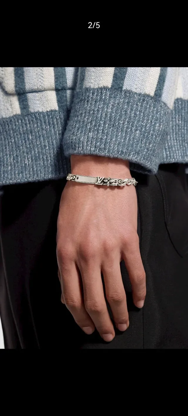 Louis Vuitton Silver Chunky Curb Chain Engraved Monogram Links Bracelet 12