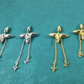 Louis Vuitton Silver Gold Flower-Shaped Metallic Motif Dangling Chain Tassels Earrings