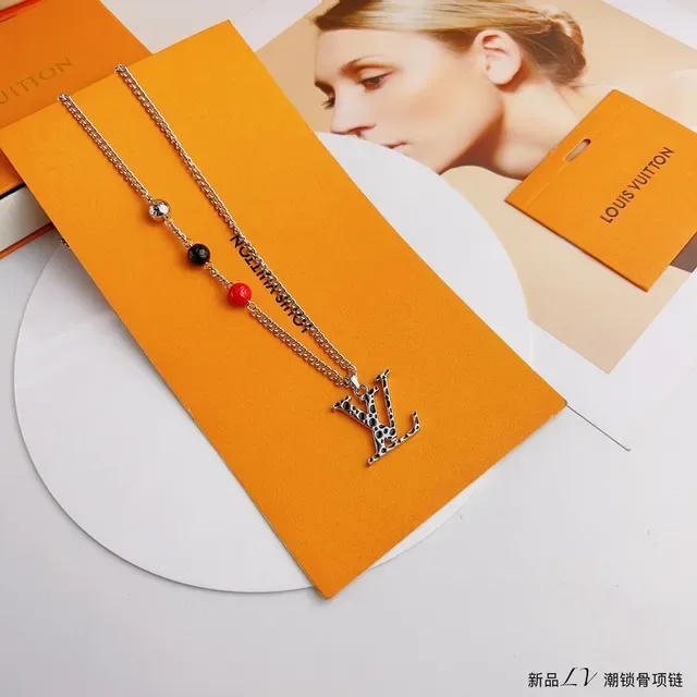 Louis Vuitton Silver Red Chain LV Monogram Pendant Necklace 3