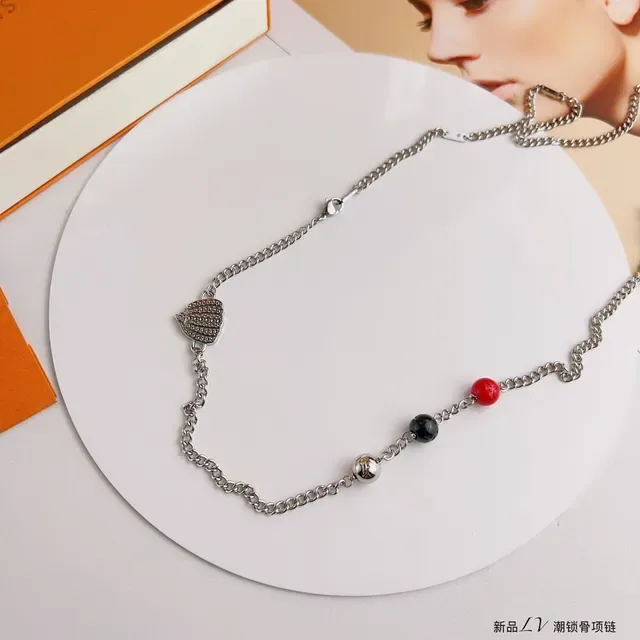 Louis Vuitton Silver Red Chain LV Monogram Pendant Necklace 4