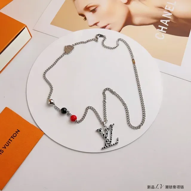Louis Vuitton Silver Red Chain LV Monogram Pendant Necklace 5