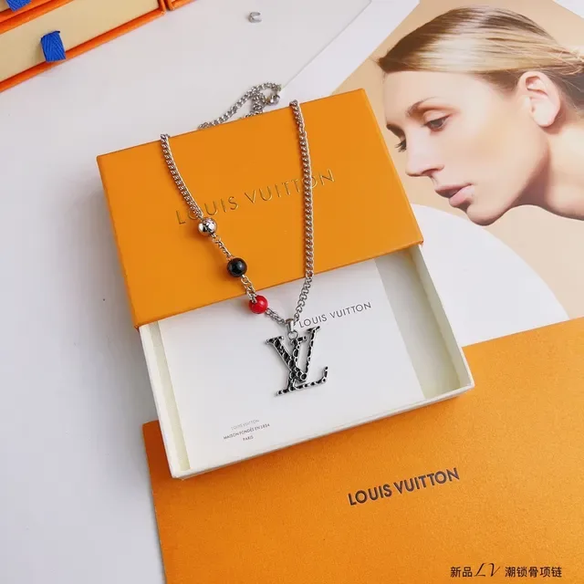Louis Vuitton Silver Red Chain LV Monogram Pendant Necklace 6