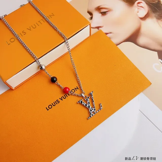 Louis Vuitton Silver Red Chain LV Monogram Pendant Necklace 7