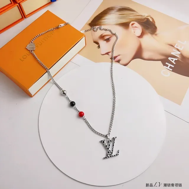 Louis Vuitton Silver Red Chain LV Monogram Pendant Necklace 8