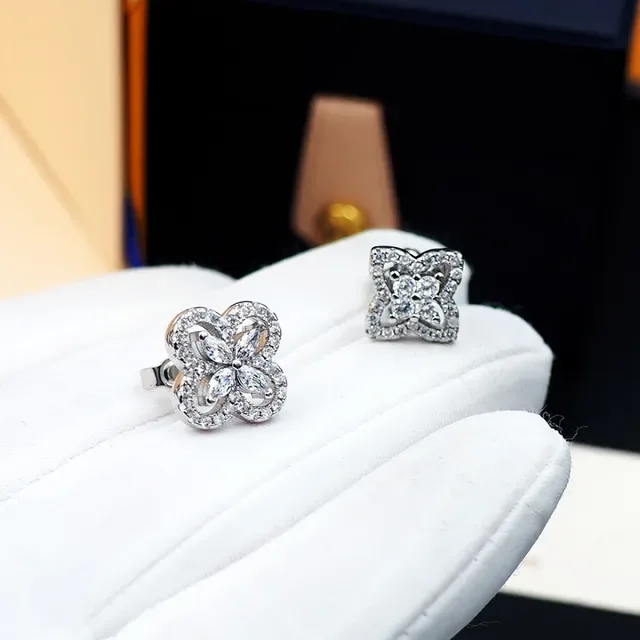 Louis Vuitton Silver White Floral Motif Pavé-Set Stones Earrings 9