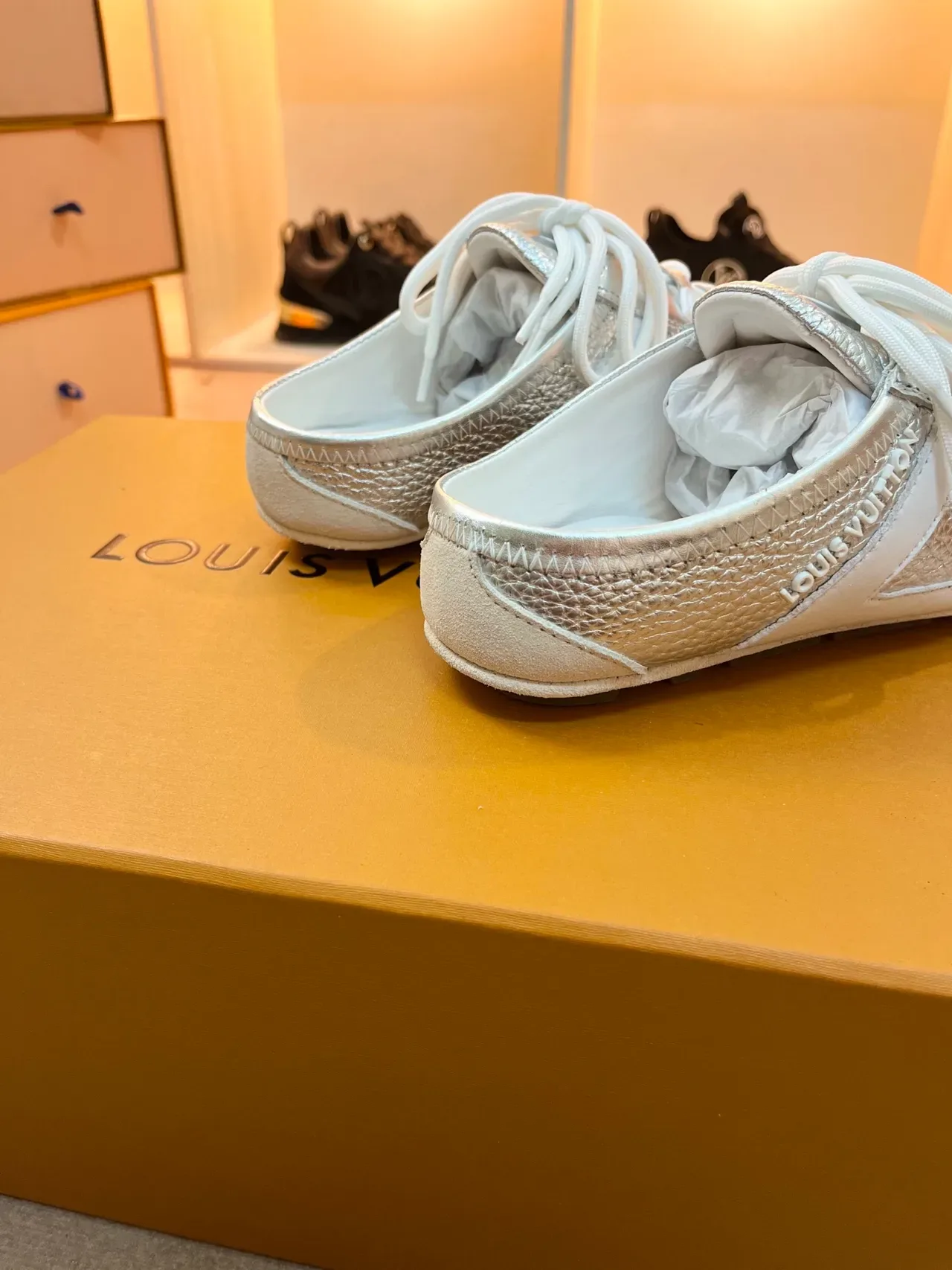 Louis Vuitton Silver White Metallic Leather Open-Heel Mule-Sneaker Sneakers 2