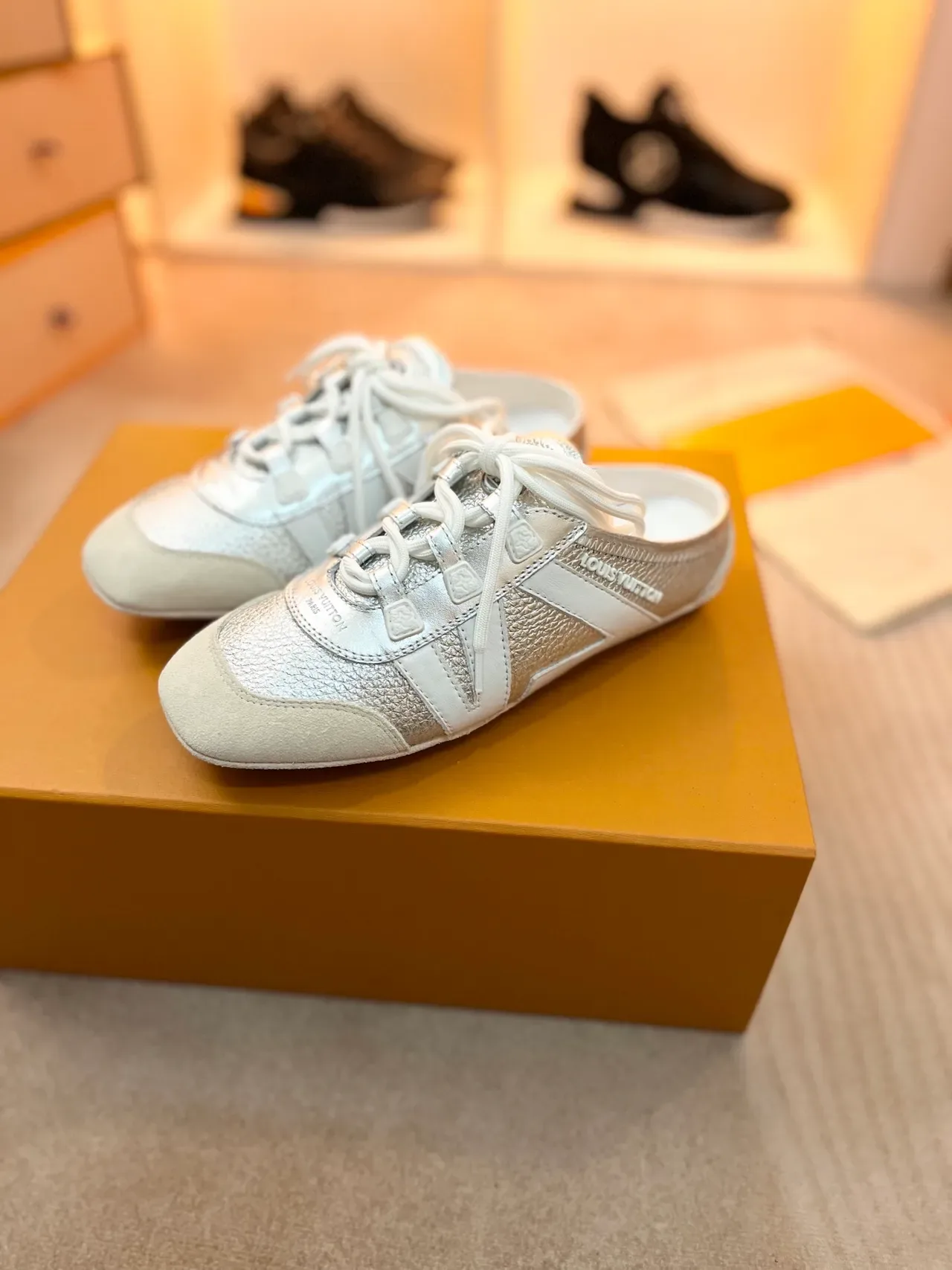 Louis Vuitton Silver White Metallic Leather Open-Heel Mule-Sneaker Sneakers 4