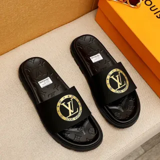 Louis Vuitton Slide काला सोना मोल्डेड मोनोग्राम सोल चौड़ी पट्टा स्लिपर्स