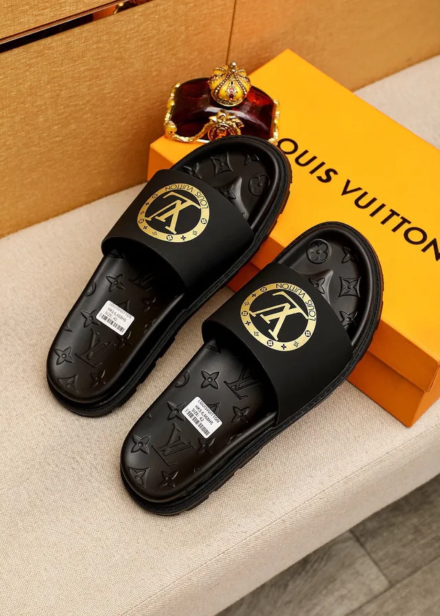 Louis Vuitton Slide أسود ذهبي مولد مونोغرام سول حزام عريض نعال 2