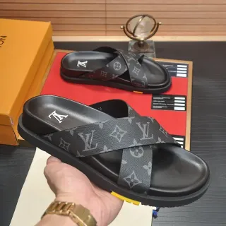 Louis Vuitton Slide Black Gray Monogram Canvas Crossed Straps Slippers