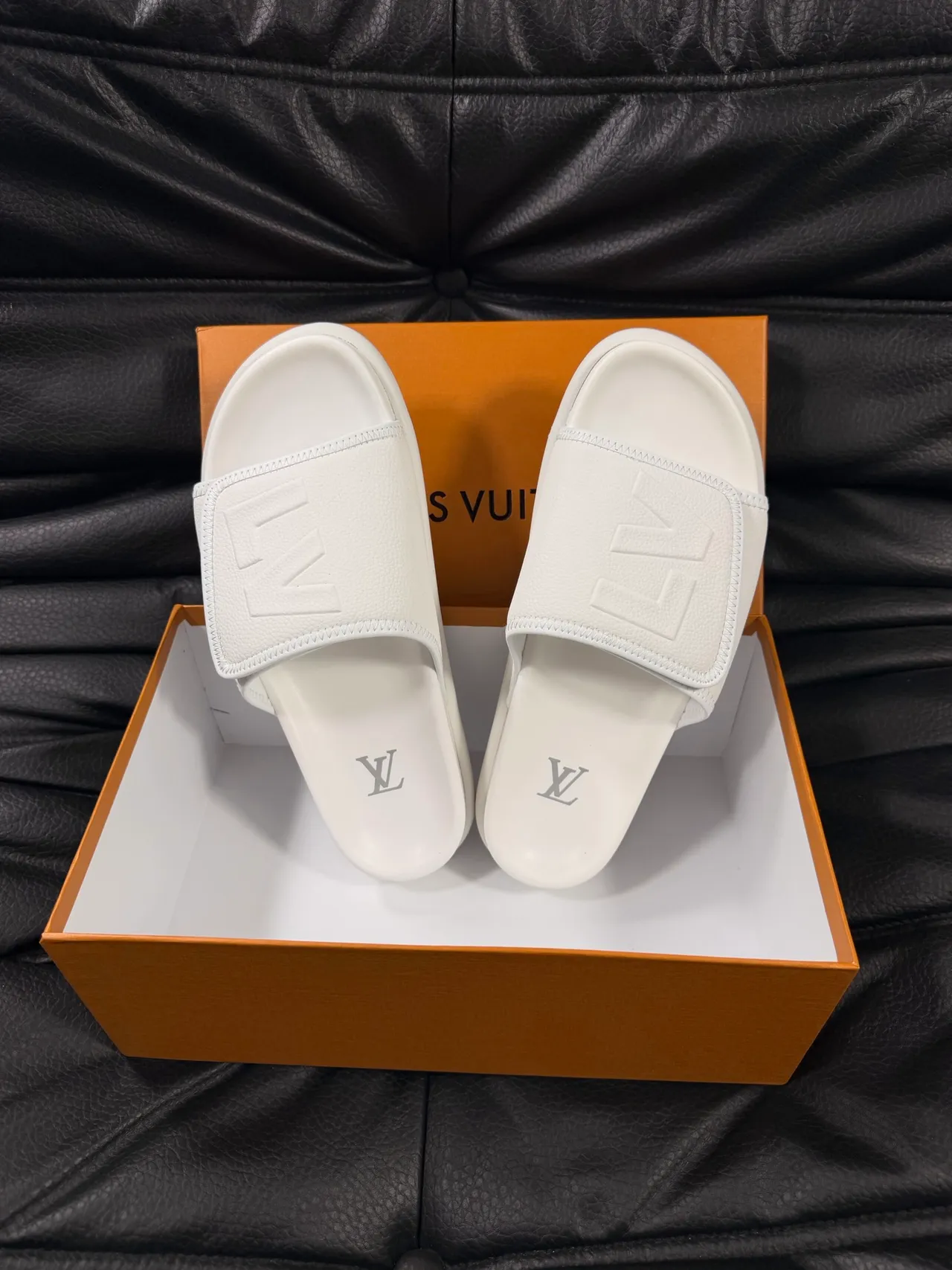 Louis Vuitton Slide White Embossed Monogram Strap Slippers 4