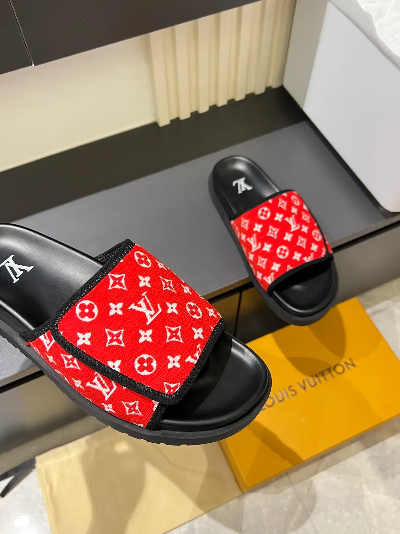 Louis Vuitton Slides Multicolor Black Monogrammed Fabric Strap Molded Rubber Sole Slippers 3