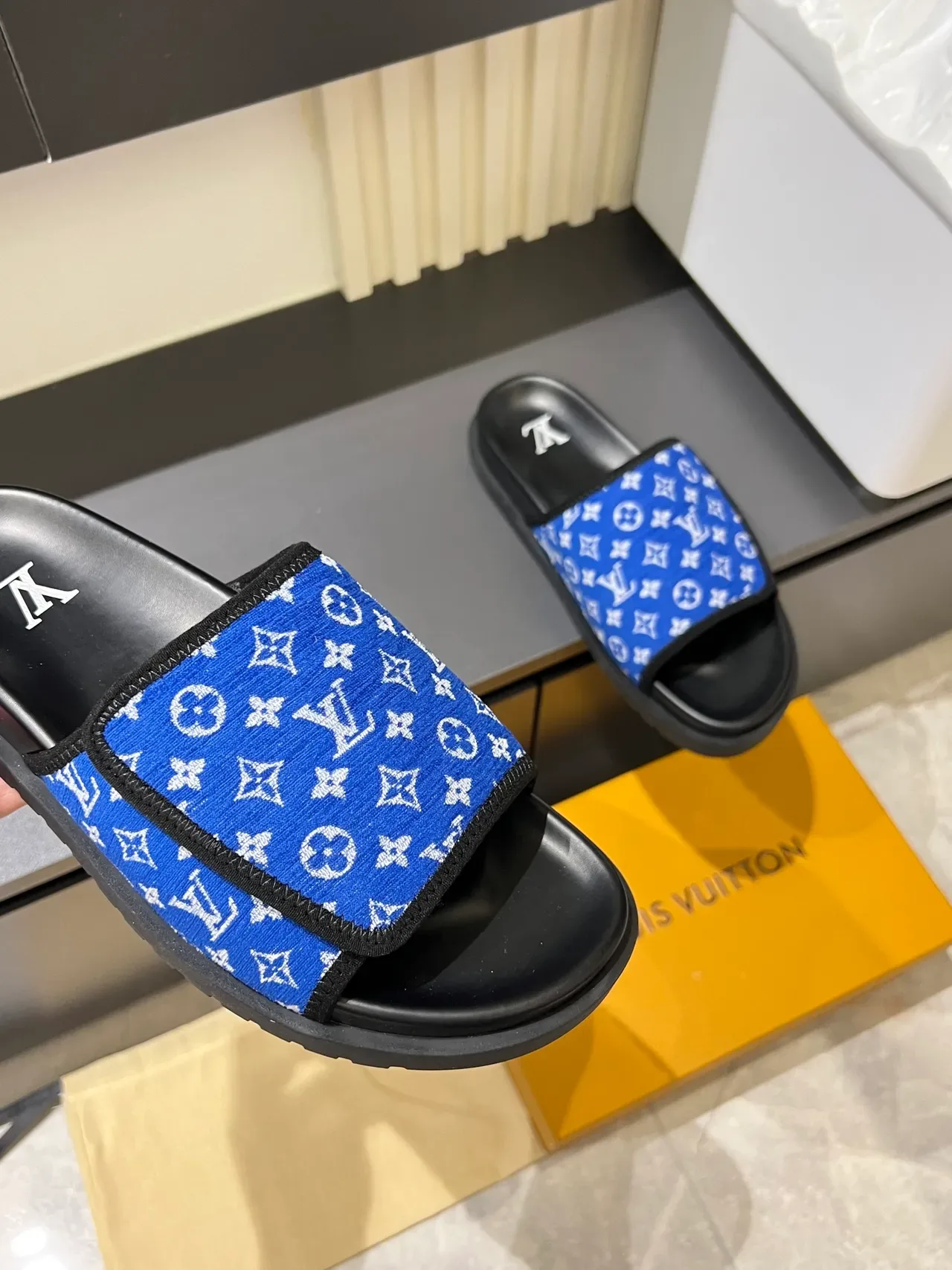 Louis Vuitton Slides Multicolor Black Monogrammed Fabric Strap Molded Rubber Sole Slippers 4