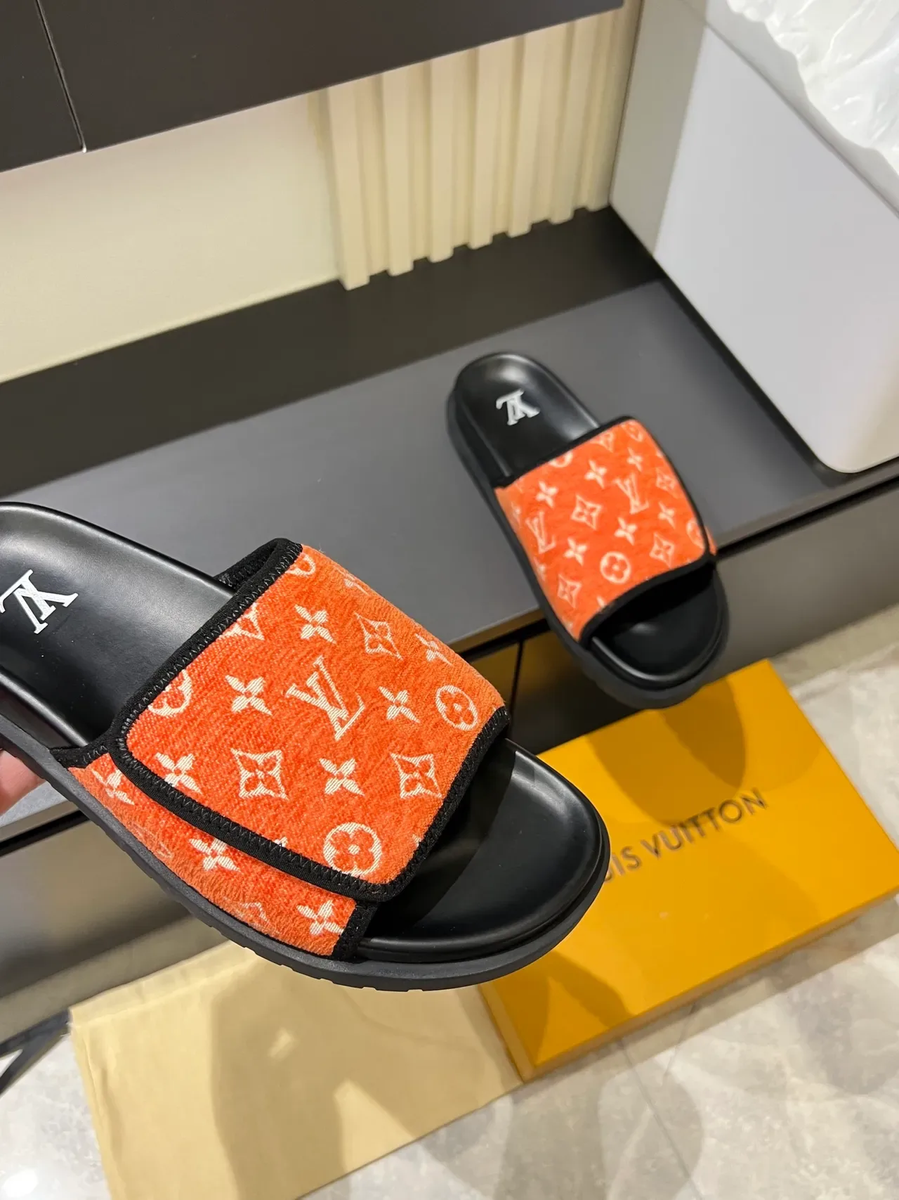 Louis Vuitton Slides Multicolor Black Monogrammed Fabric Strap Molded Rubber Sole Slippers 5