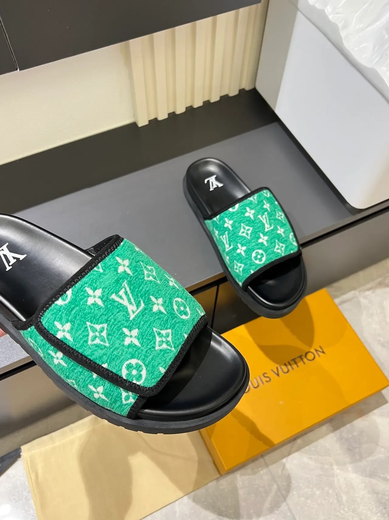 Louis Vuitton Slides Multicolor Black Monogrammed Fabric Strap Molded Rubber Sole Slippers 6