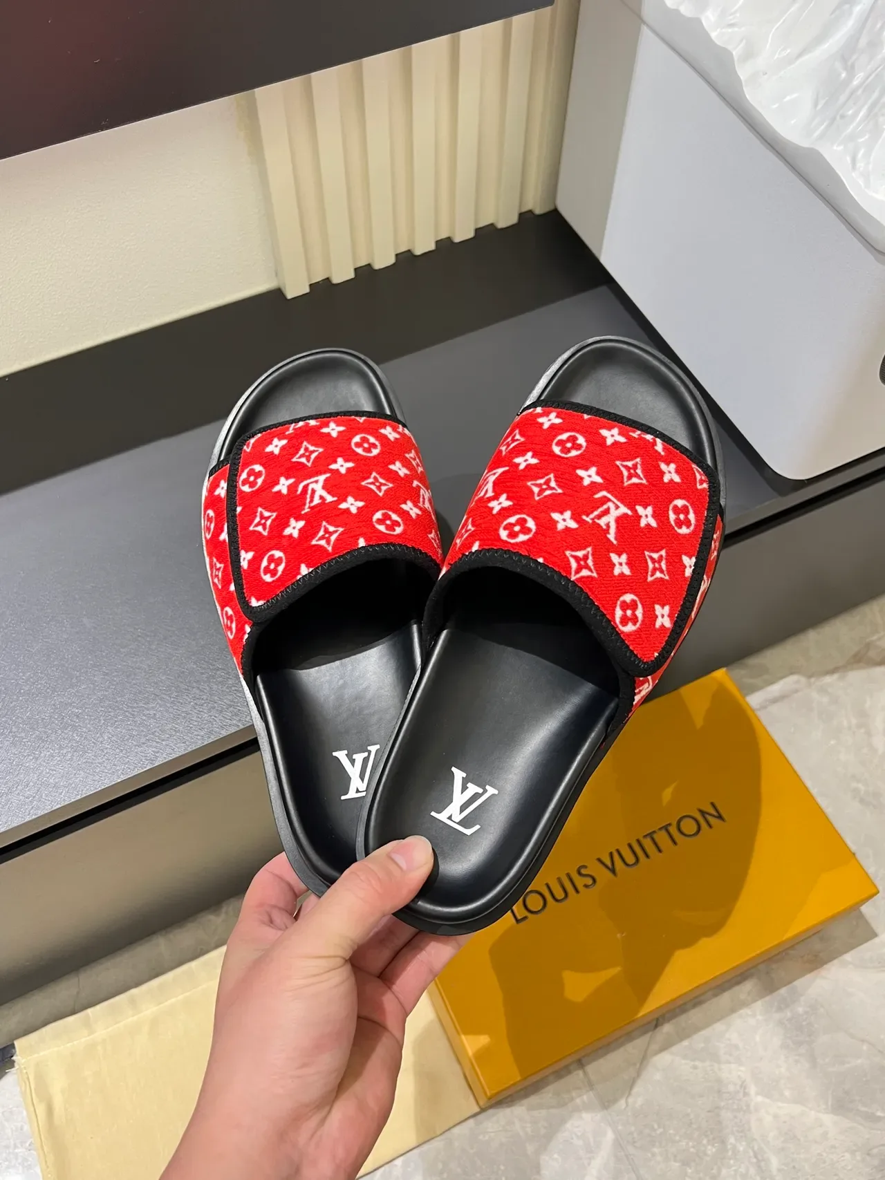 Louis Vuitton Slides Multicolor Black Monogrammed Fabric Strap Molded Rubber Sole Slippers 8
