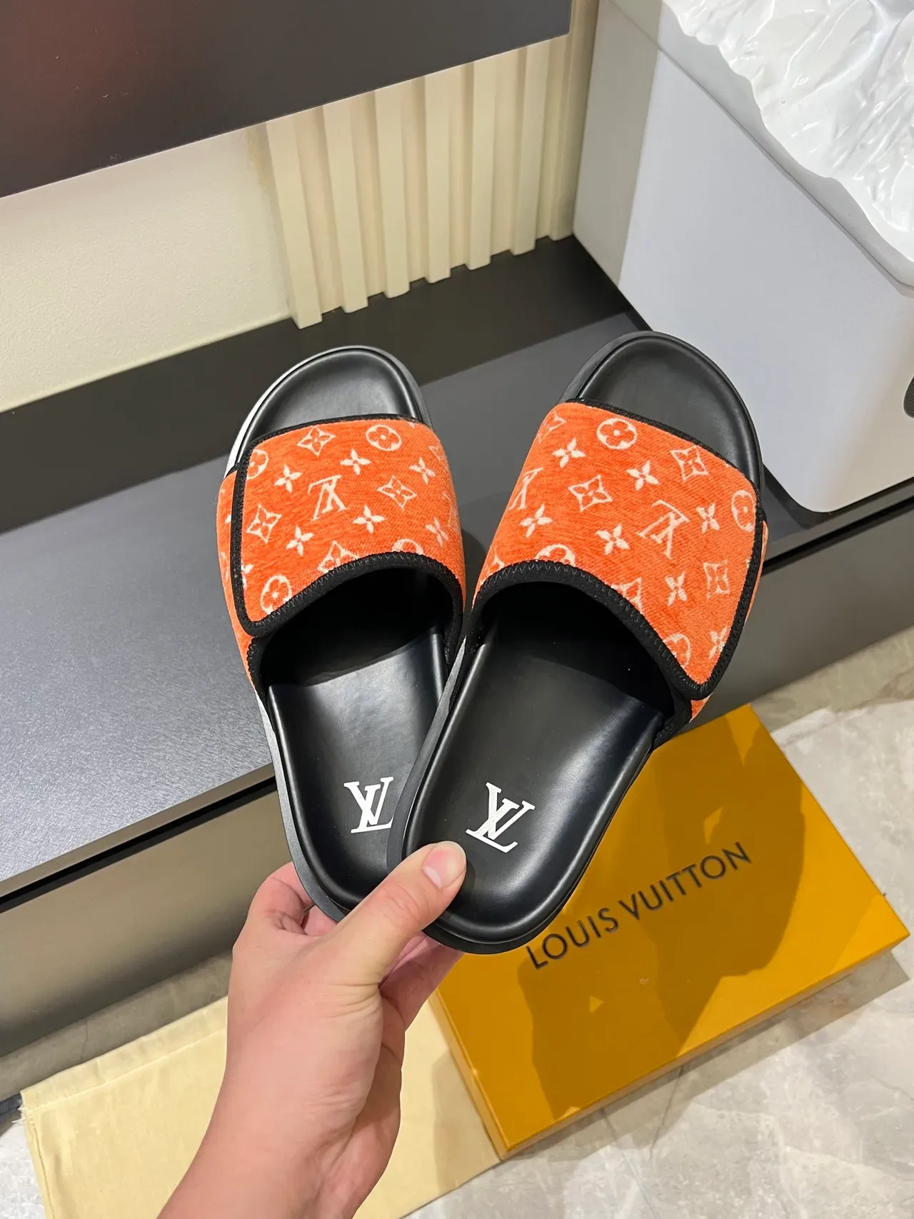 Louis Vuitton Slides Multicolor Black Monogrammed Fabric Strap Molded Rubber Sole Slippers 10