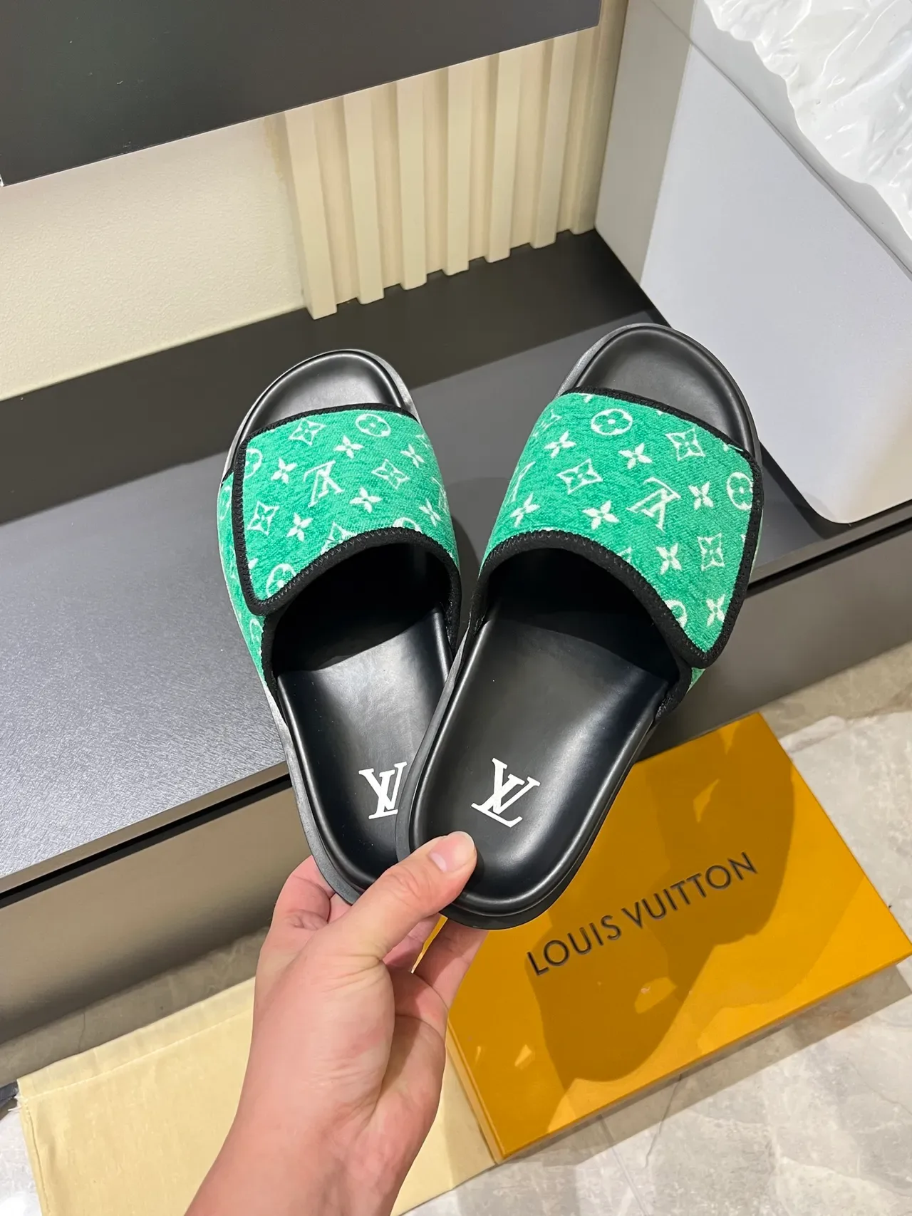 Louis Vuitton Slides Multicolor Black Monogrammed Fabric Strap Molded Rubber Sole Slippers 11