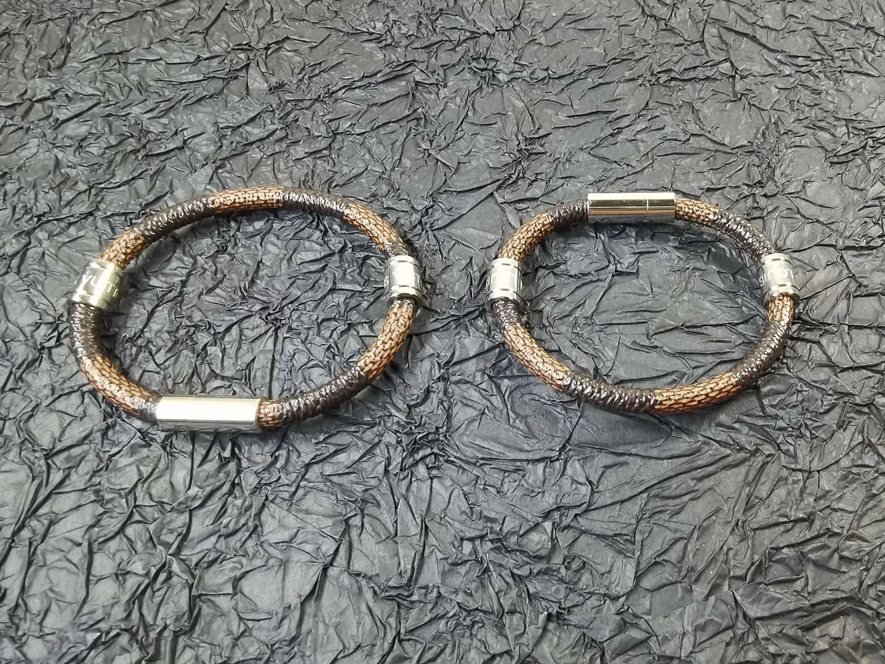 Louis Vuitton Tambour Brown Silver Braided Leather Cylindrical Metal Clasp Bracelet 3
