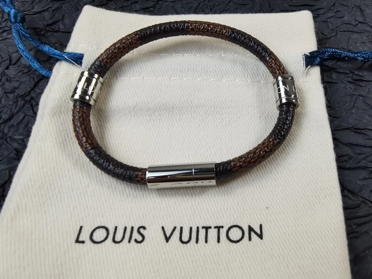 Louis Vuitton Tambour Brown Silver Braided Leather Cylindrical Metal Clasp Bracelet 4