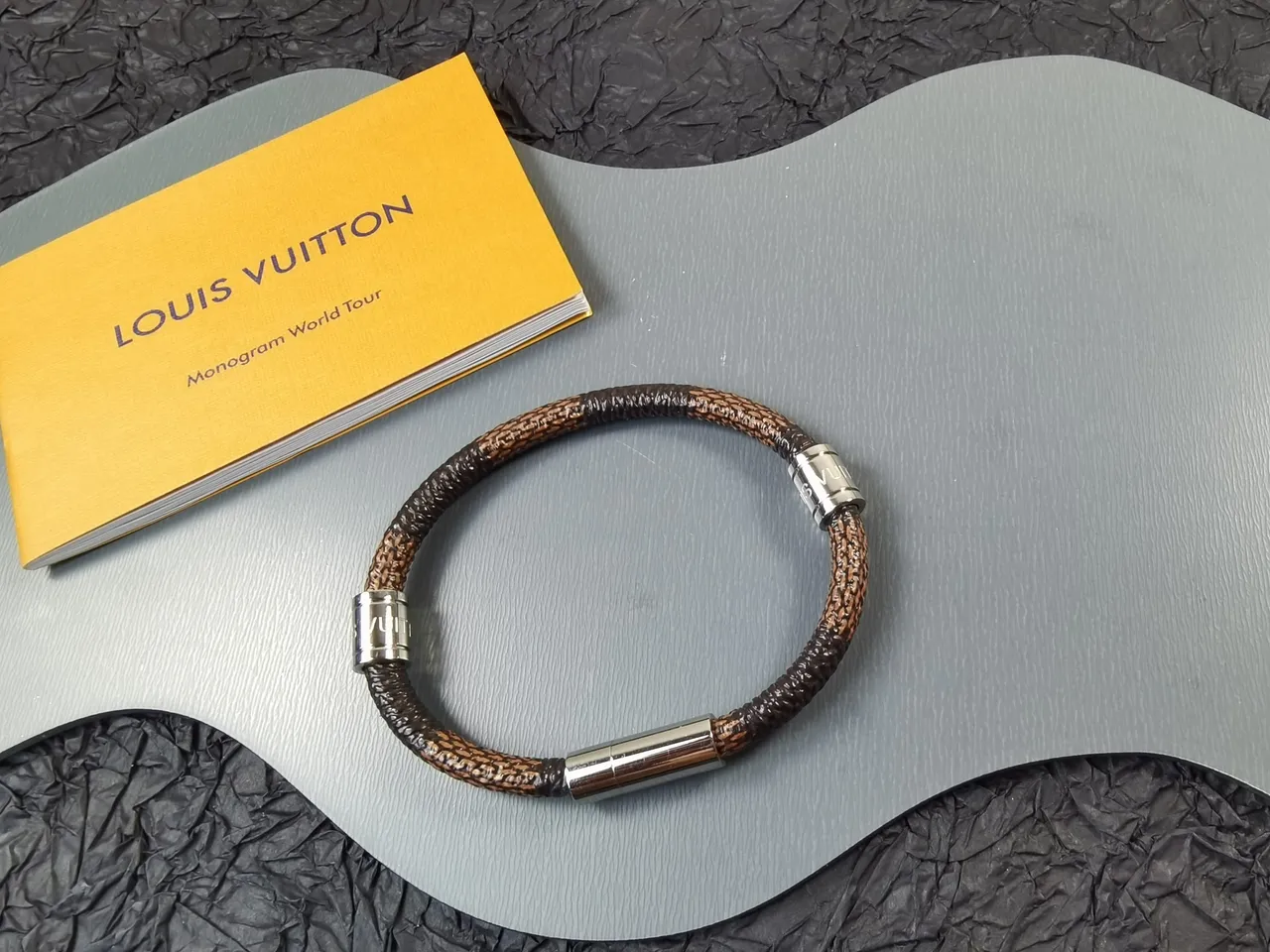 Louis Vuitton Tambour Brown Silver Braided Leather Cylindrical Metal Clasp Bracelet 5