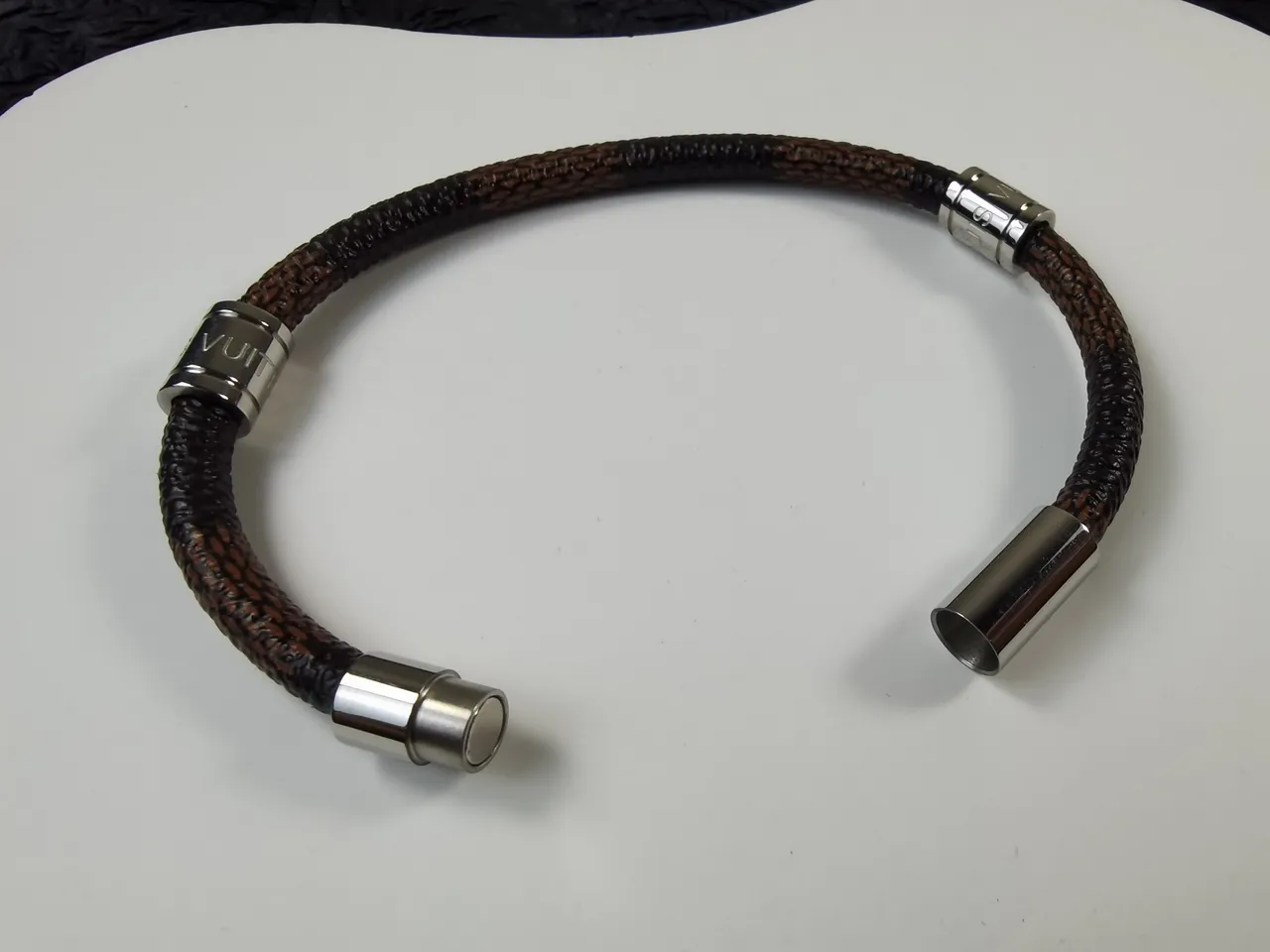 Louis Vuitton Tambour Brown Silver Braided Leather Cylindrical Metal Clasp Bracelet 6