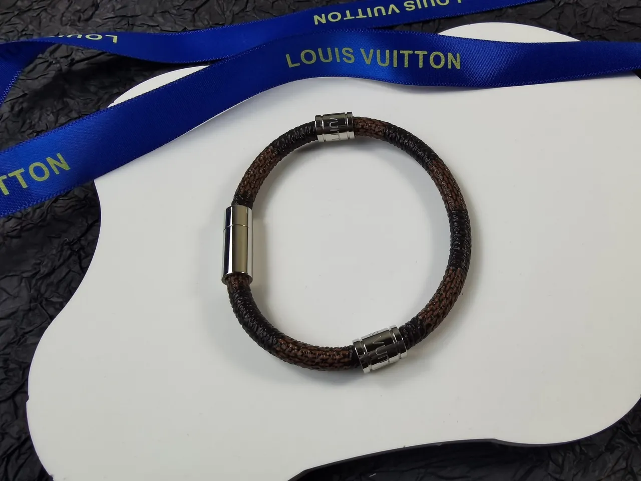 Louis Vuitton Tambour Brown Silver Braided Leather Cylindrical Metal Clasp Bracelet 7