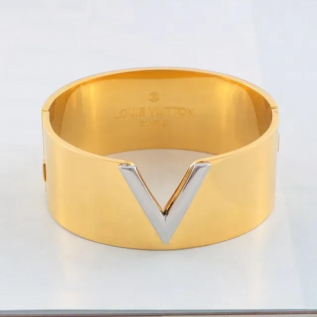 Louis Vuitton V Collection Gold Silver Wide Cuff Metallic Bracelet 4