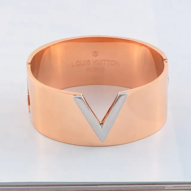 Louis Vuitton V Collection Gold Silver Wide Cuff Metallic Bracelet 5