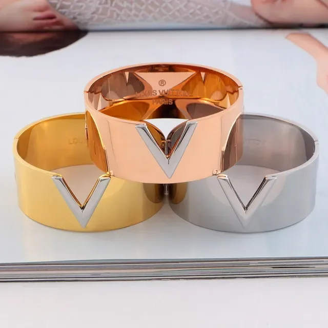 Louis Vuitton V Collection Gold Silver Wide Cuff Metallic Bracelet 6