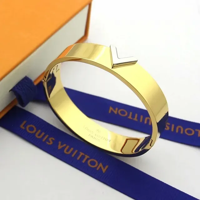 Louis Vuitton V Collection Gold Silver Wide Rigid Bangle Motif Bracelet 2