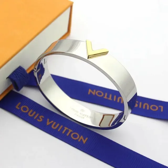 Louis Vuitton V Collection Gold Silver Wide Rigid Bangle Motif Bracelet 4