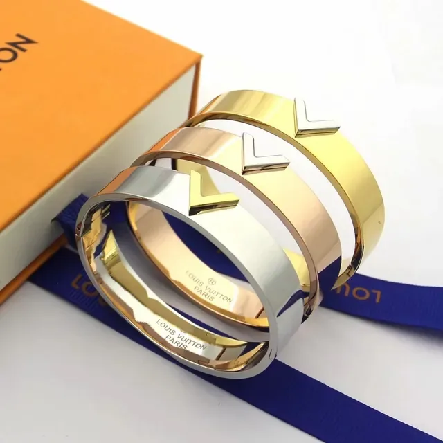 Louis Vuitton V Collection Gold Silver Wide Rigid Bangle Motif Bracelet 5