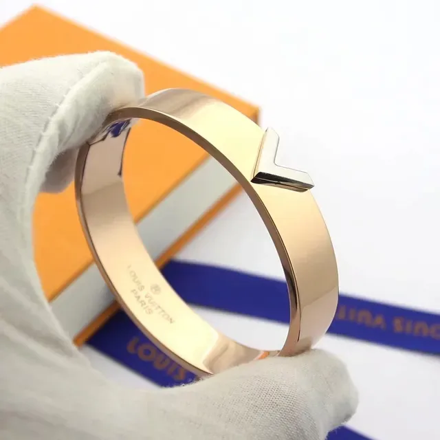 Louis Vuitton V Collection Gold Silver Wide Rigid Bangle Motif Bracelet 6