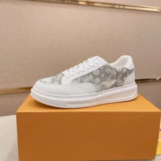 Louis Vuitton White Gray Low-Top Monogrammed Textile Panel Lifestyle Sneakers