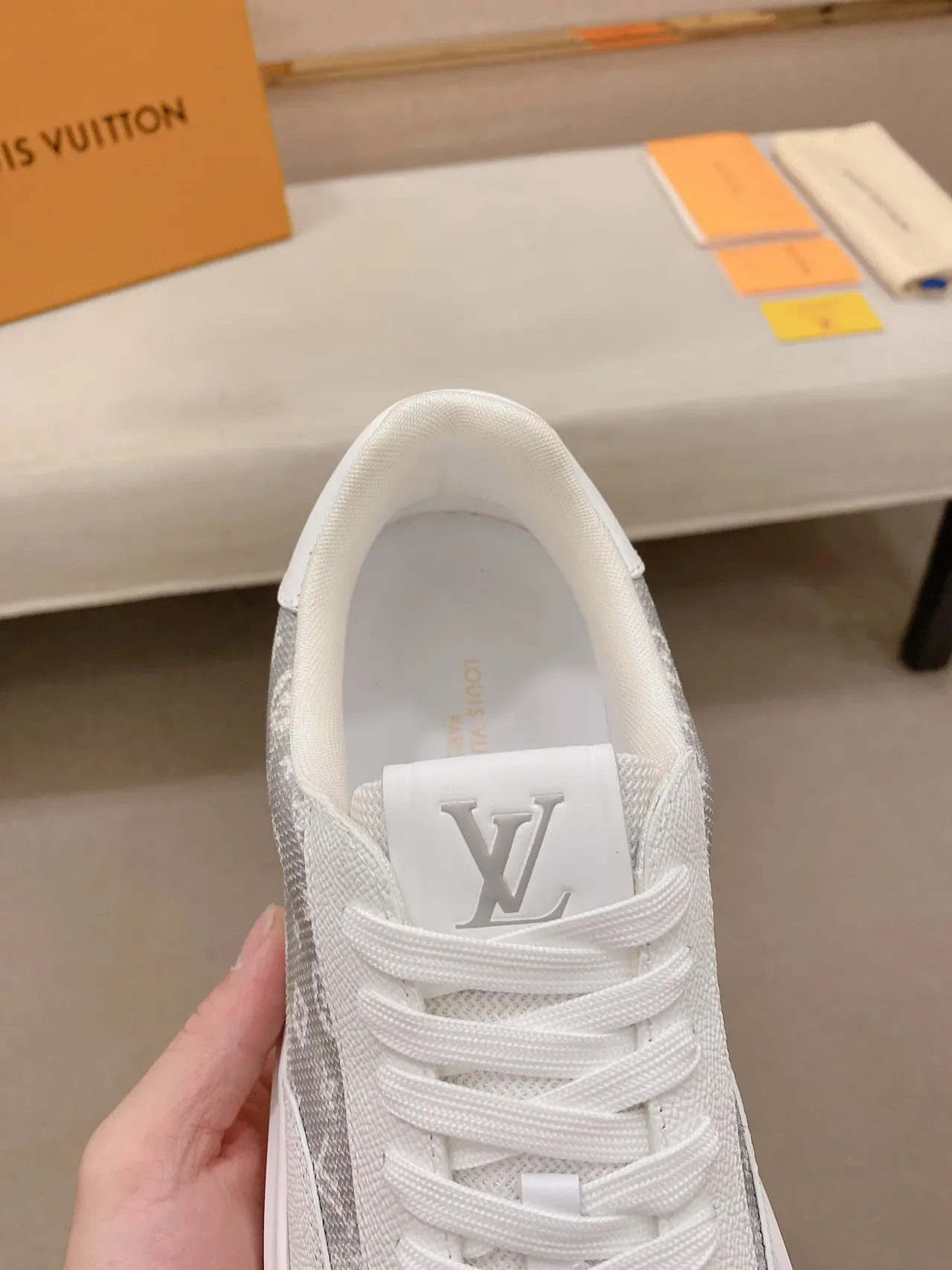 Louis Vuitton White Gray Low-Top Monogrammed Textile Panel Lifestyle Sneakers 4